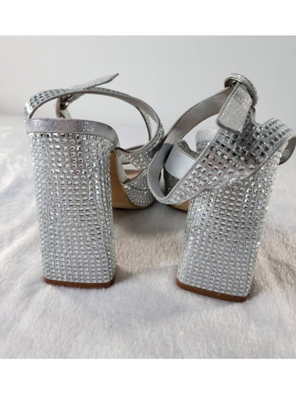 Bisou Bisou Michele Bohbot Silver Rhinestone Platform Sandals Square Toe Sz 8.5 - Picture 4 of 7